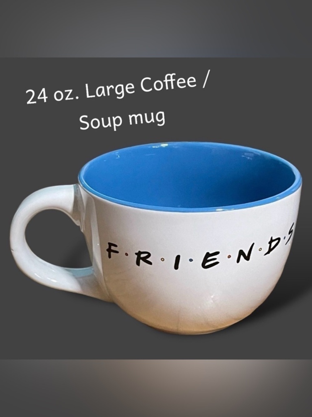 Friends the TV series 24 oz Coffee Tea Soup Hot Cocoa Mug. White Blue